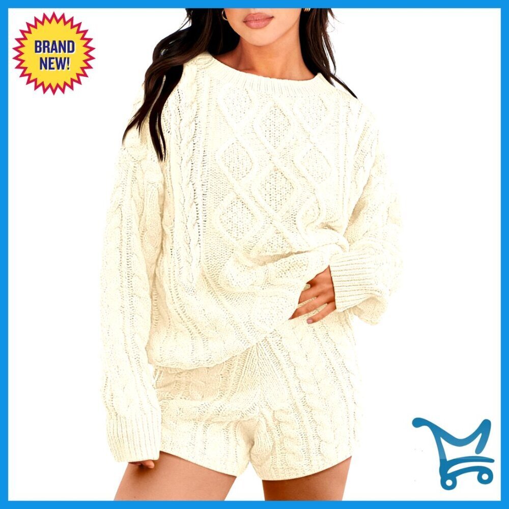 Oversized Cable Knit Sweater Shorts Set Cozy Loungewear Matching Outfit